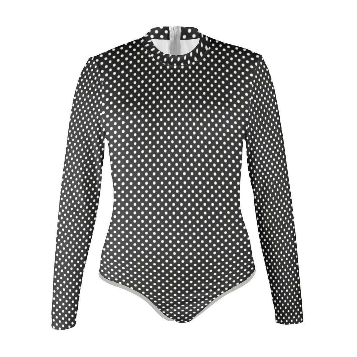 Black Polka Dot Lightweight Back-Zipper One-Piece Swimsuit, Long-Sleeve Bathing Suit