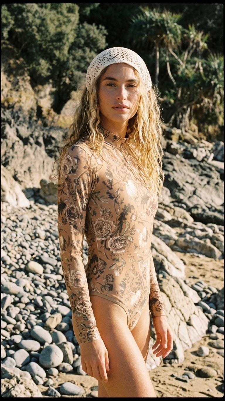 Lightweight Retro Long-Sleeve One-Piece Swimsuit - Back-Zipper - Soft Chest Pads - Autumnal Vintage Florals in Brown