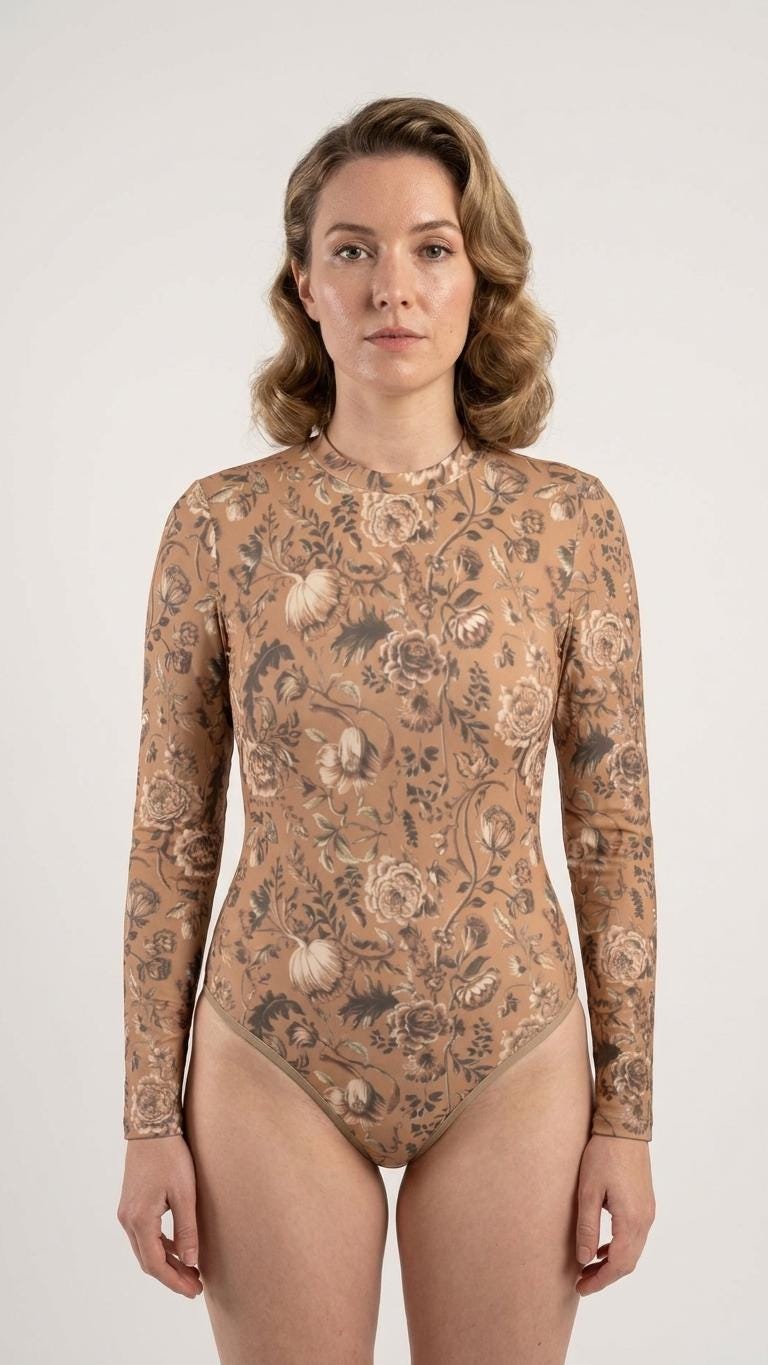 Lightweight Retro Long-Sleeve One-Piece Swimsuit - Back-Zipper - Soft Chest Pads - Autumnal Vintage Florals in Brown