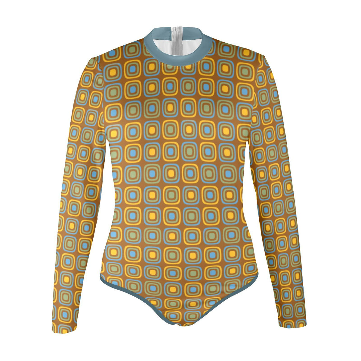 Lightweight Retro Long-Sleeve One-Piece Swimsuit - Back Zipper - Soft Chest Pads - Earthy Mid-Century Pattern