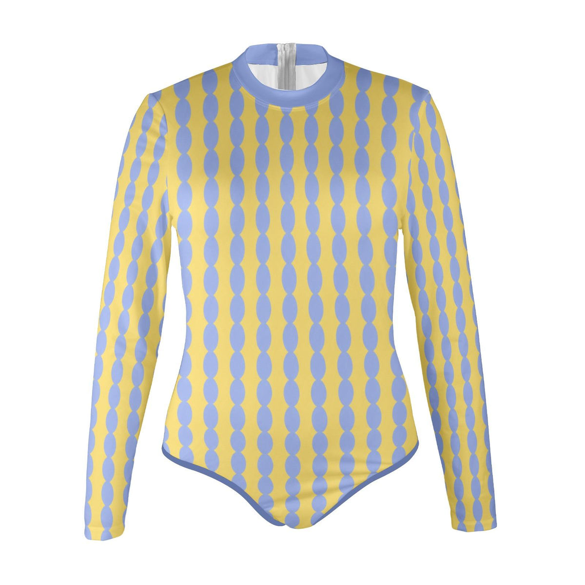 Lightweight Retro Long-Sleeve One-Piece Swimsuit - Back Zipper - Soft Chest Pads - Yellow & Periwinkle Vintage Pattern