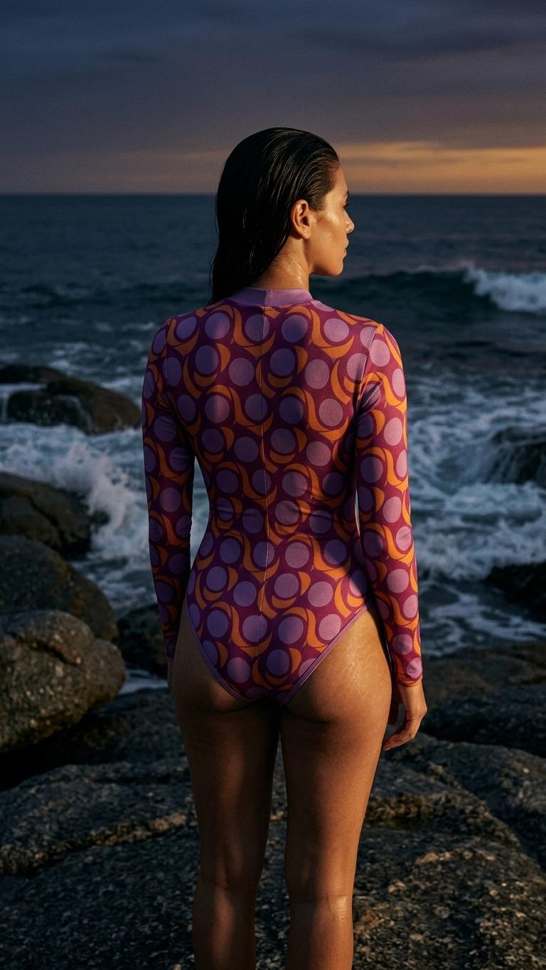 Lightweight Retro Long-Sleeve One-Piece Swimsuit - Back Zipper - Soft Chest Pads - Purple Mod-Style Vintage Pattern
