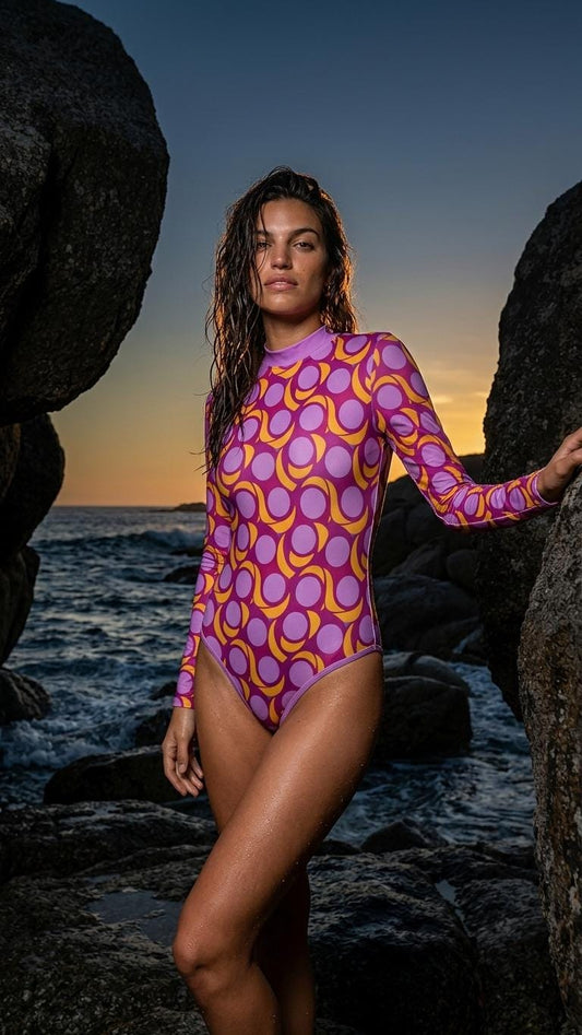 Lightweight Retro Long-Sleeve One-Piece Swimsuit - Back Zipper - Soft Chest Pads - Purple Mod-Style Vintage Pattern