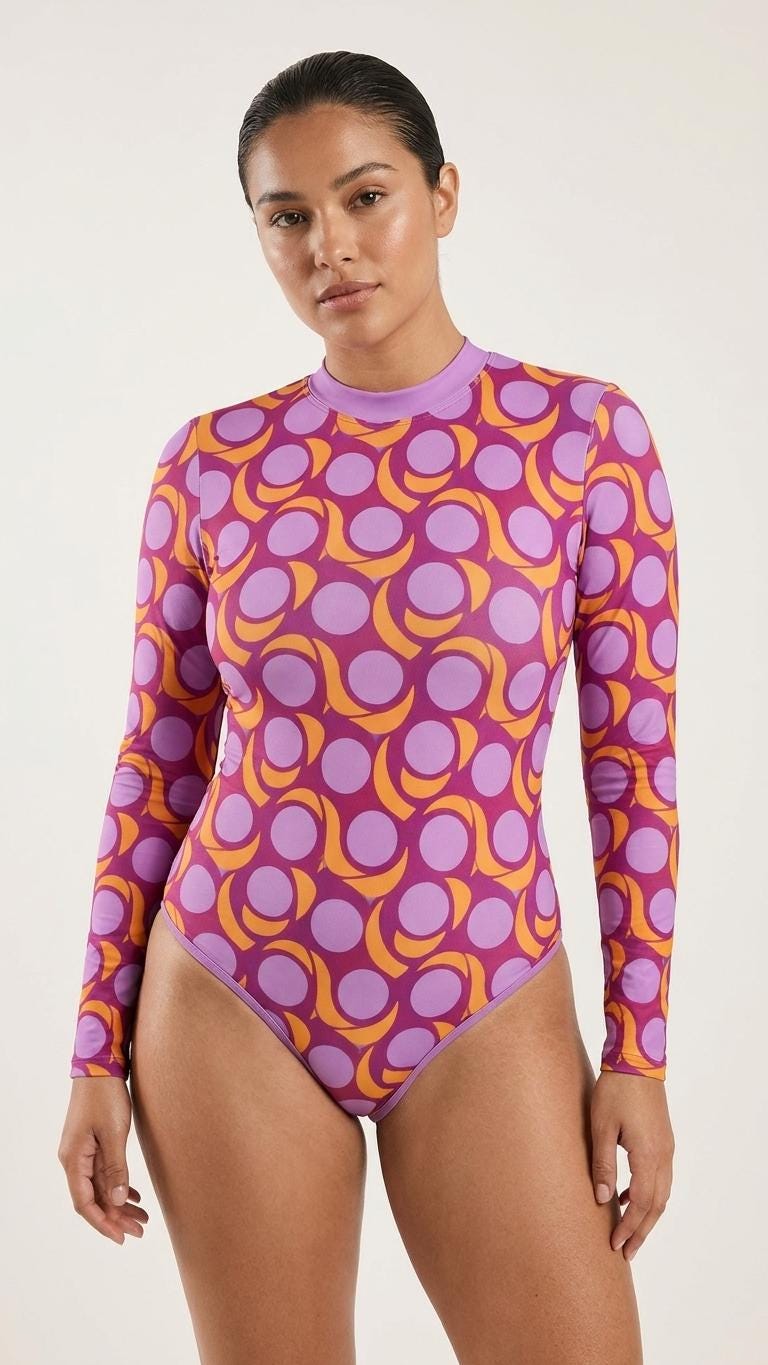 Lightweight Retro Long-Sleeve One-Piece Swimsuit - Back Zipper - Soft Chest Pads - Purple Mod-Style Vintage Pattern