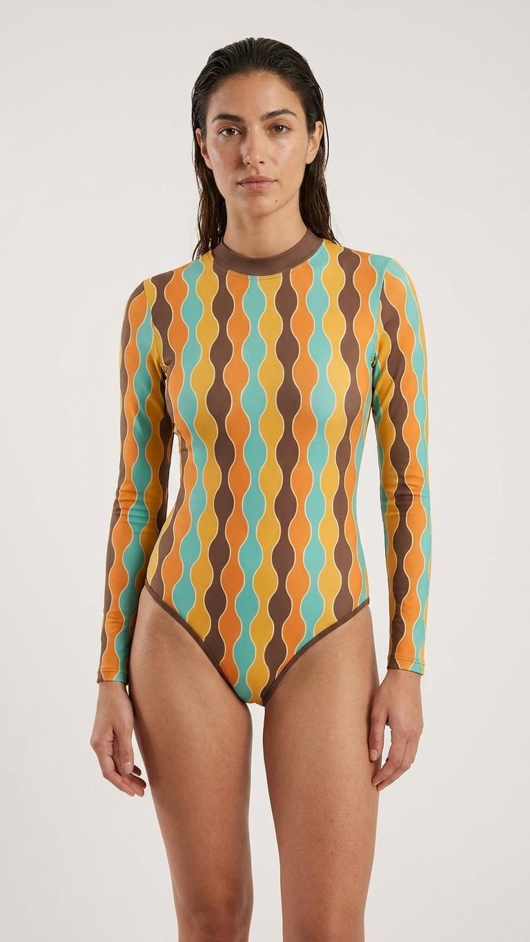 Lightweight Retro Long-Sleeve One-Piece Swimsuit - Back Zipper - Soft Chest Pads - Hourglass Vintage Pattern