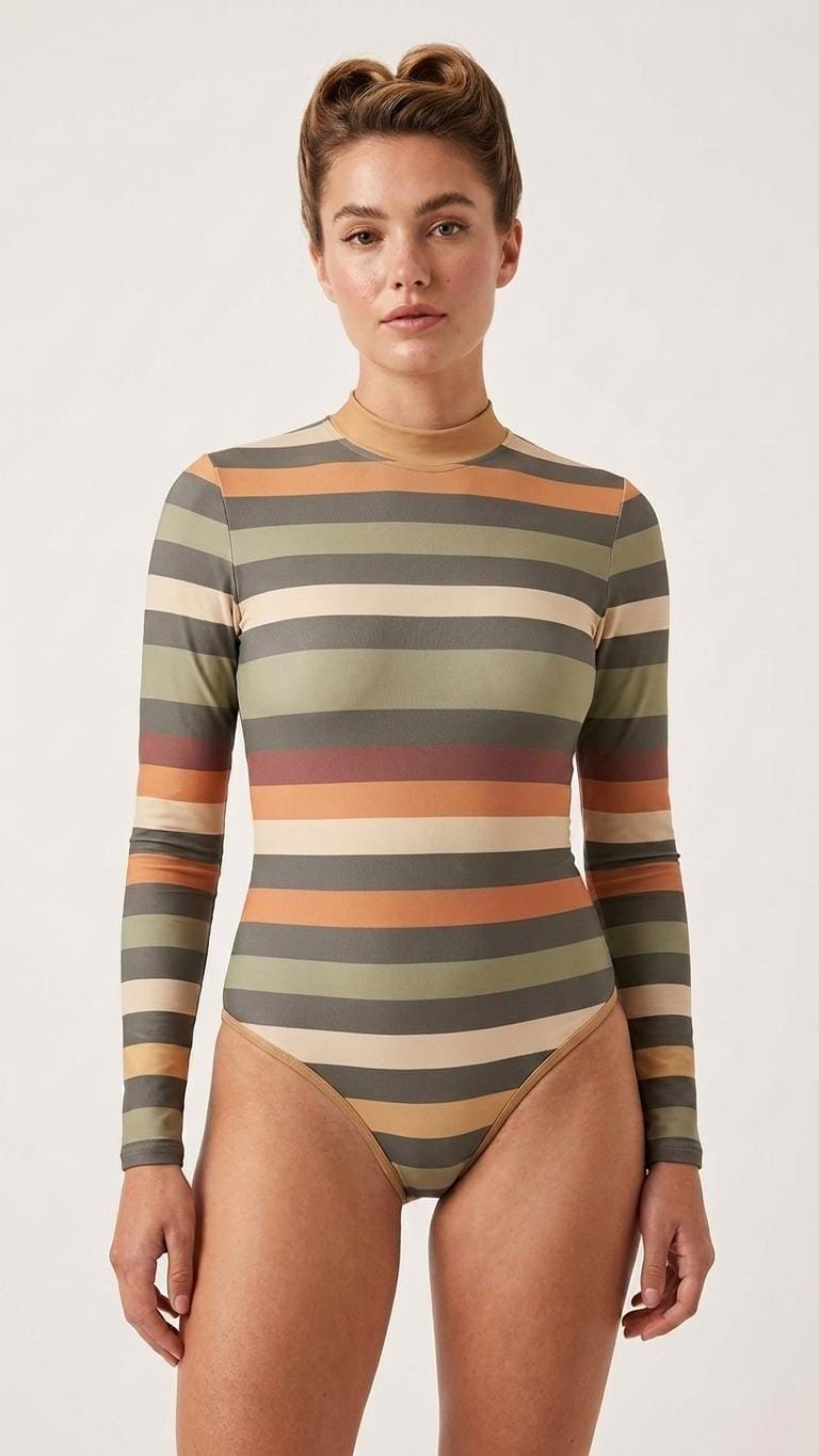 Lightweight Retro Long-Sleeve One-Piece Swimsuit - Back Zipper - Soft Chest Pads - Autumnal Stripes