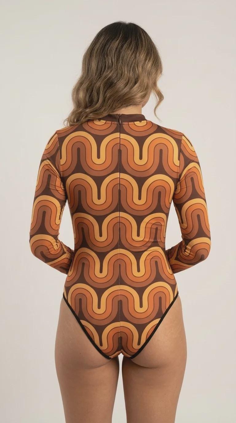 Lightweight Retro Long-Sleeve One-Piece Swimsuit - Back Zipper - Soft Chest Pads - Vintage 1970s Wave Pattern