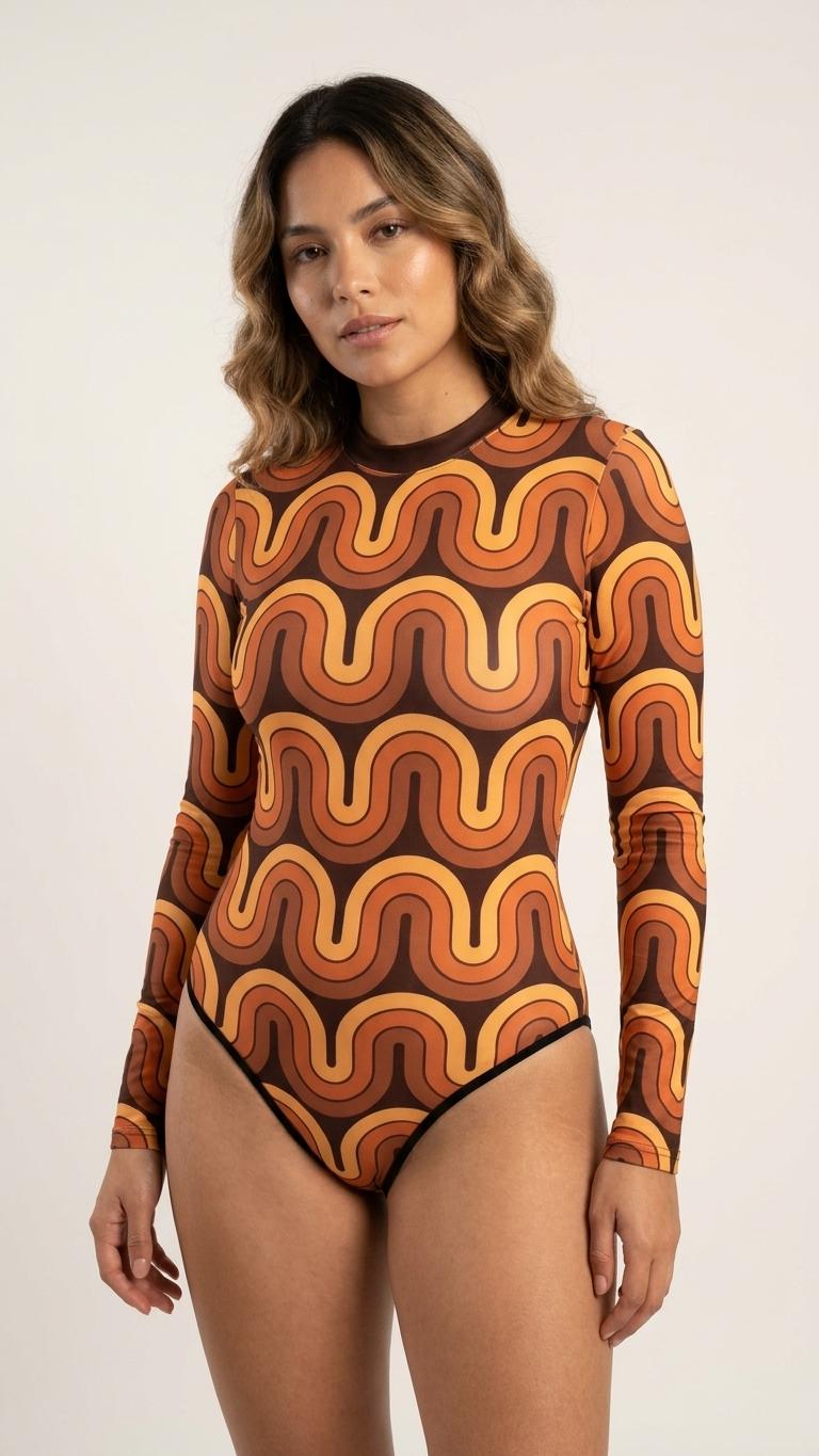 Lightweight Retro Long-Sleeve One-Piece Swimsuit - Back Zipper - Soft Chest Pads - Vintage 1970s Wave Pattern
