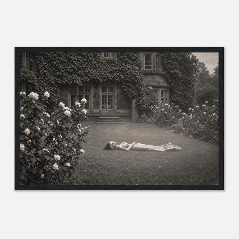 Faux-Victorian Wall Art, Syren in the Rain, Black-and-White Dark Romantic Garden Print, Framed or Unframed