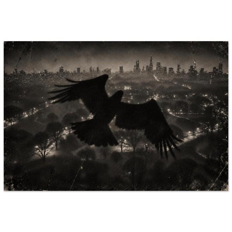 Crow Over Central Park, Faux-Vintage Black & White New York Wall Art, Framed or Unframed