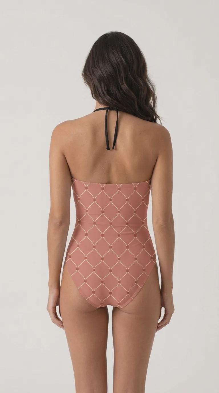 Retro Flair Romantic Trellis One-Piece Swimsuit, Front-Tie Cut-Out, Dusty Terracotta Rose