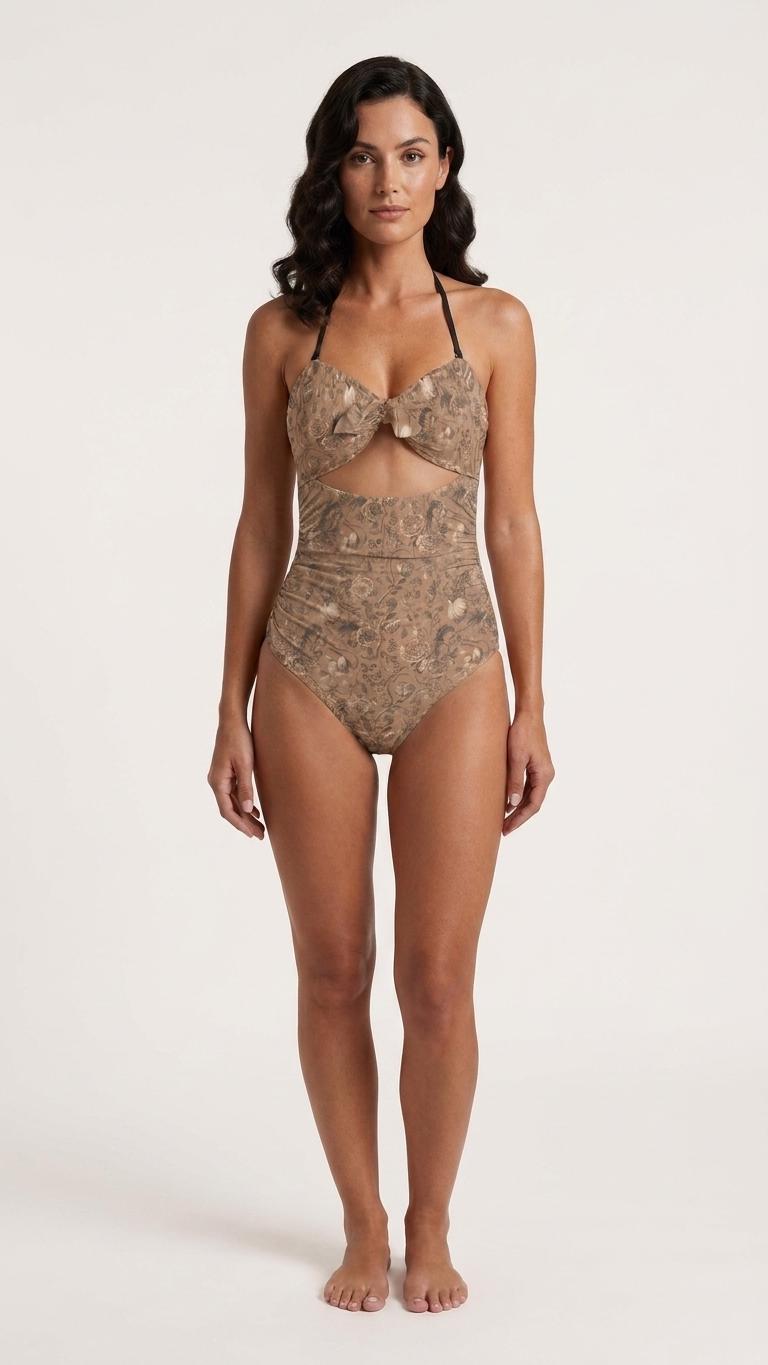 Retro Flair Romantic One-Piece Swimsuit, Front-Tie Cut-Out, Tummy Control, Vintage Brown Florals