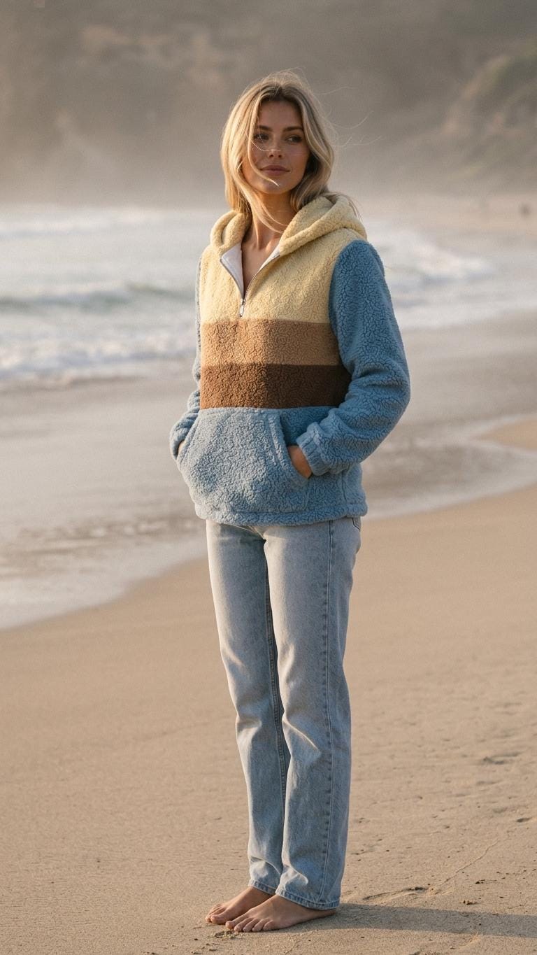 Retro Borg Fleece Half-Zip Hoodie, Blue Colour Block Stripes, Plush Teddy Sherpa Pullover