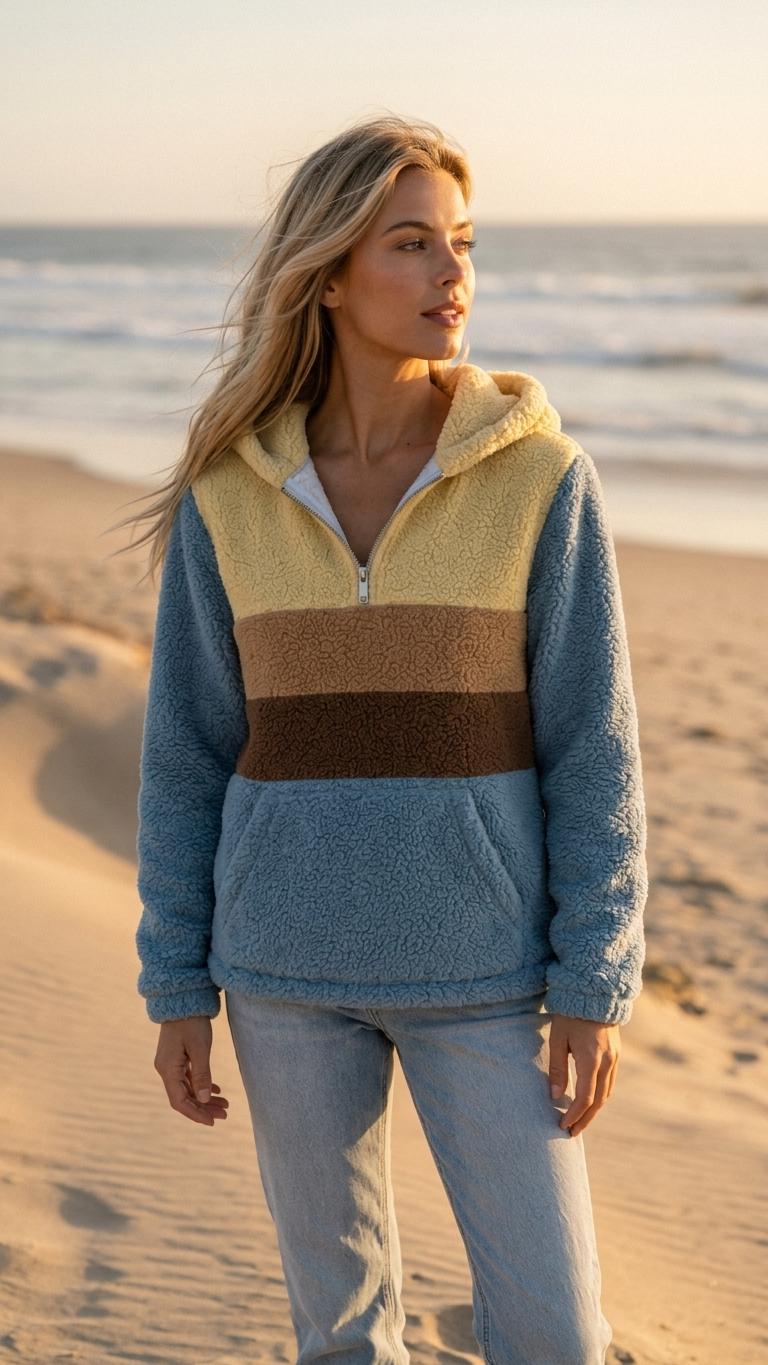 Retro Borg Fleece Half-Zip Hoodie, Blue Colour Block Stripes, Plush Teddy Sherpa Pullover
