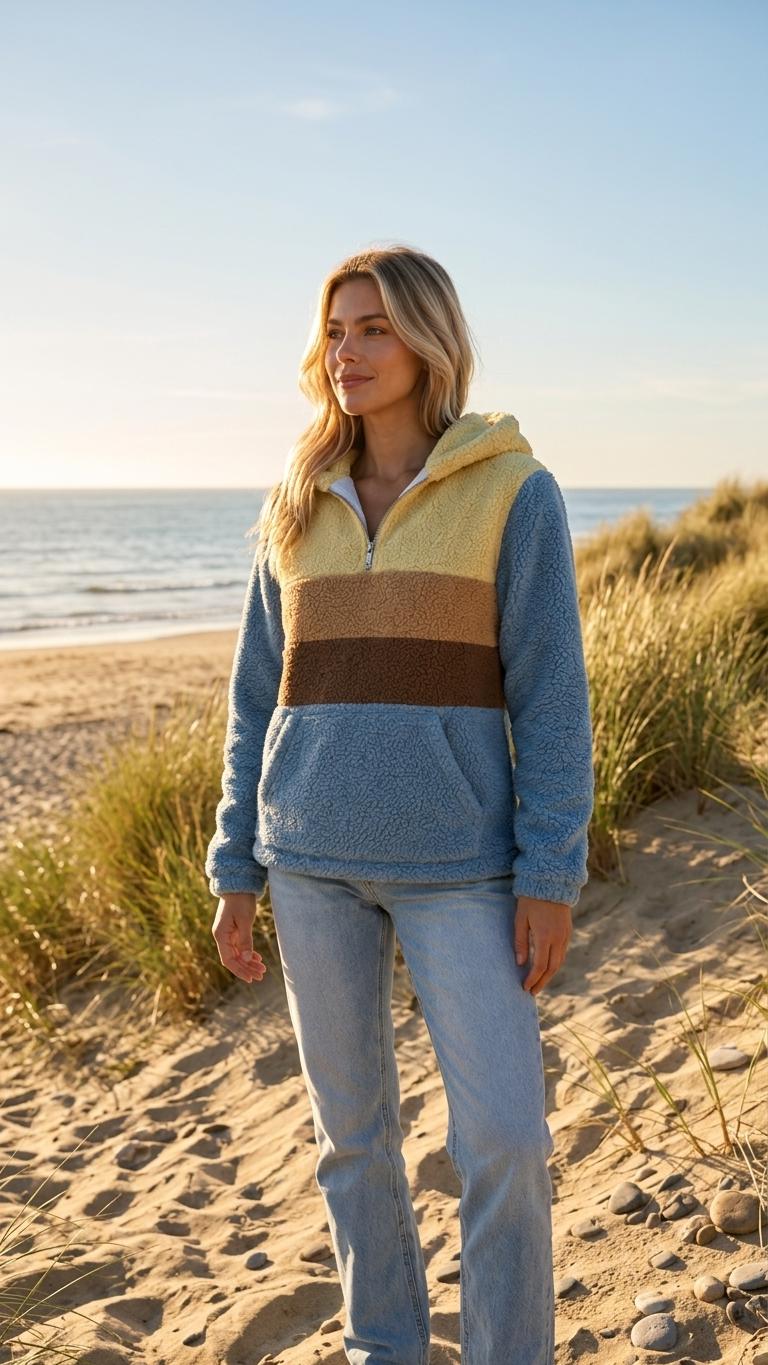 Retro Borg Fleece Half-Zip Hoodie, Blue Colour Block Stripes, Plush Teddy Sherpa Pullover