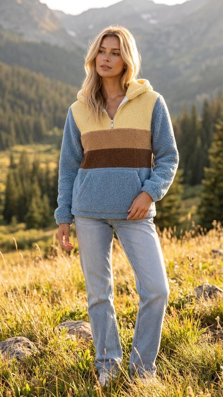 Retro Borg Fleece Half-Zip Hoodie, Blue Colour Block Stripes, Plush Teddy Sherpa Pullover