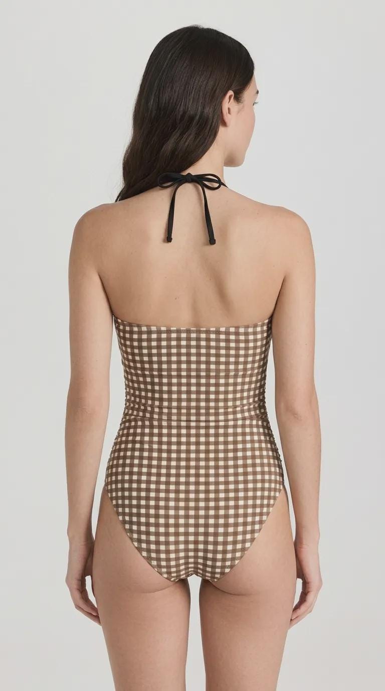 Retro Flair Romantic One-Piece Swimsuit, Front-Tie Cut-Out, Tummy Control, Brown Gingham Checks
