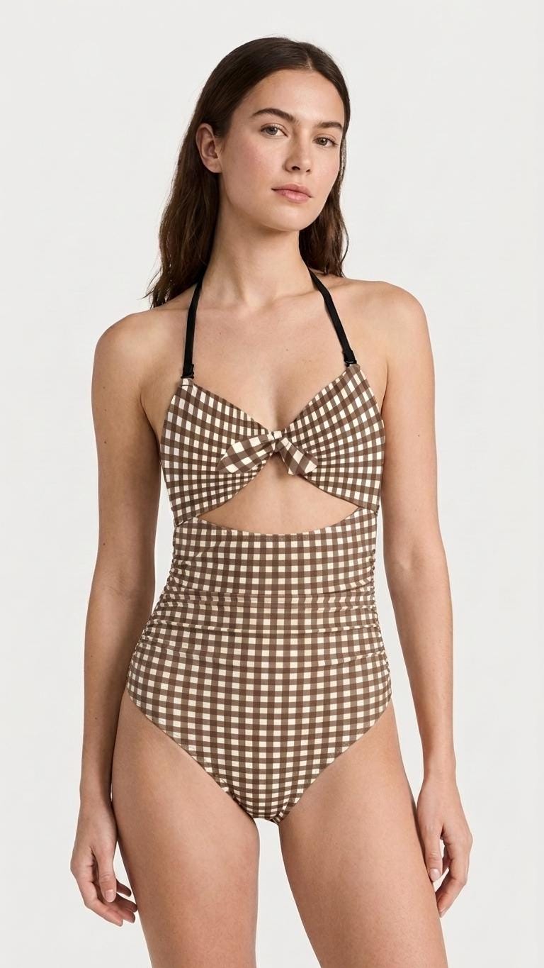 Retro Flair Romantic One-Piece Swimsuit, Front-Tie Cut-Out, Tummy Control, Brown Gingham Checks