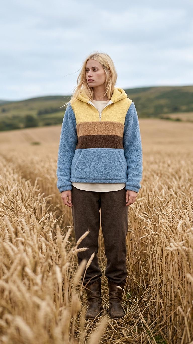 Retro Borg Fleece Half-Zip Hoodie, Blue Colour Block Stripes, Plush Teddy Sherpa Pullover