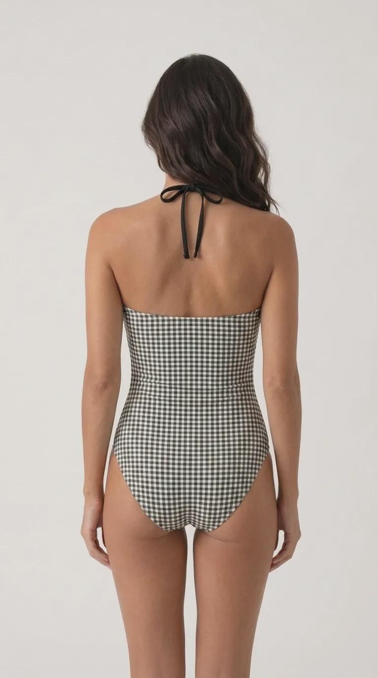 Retro Flair Romantic One-Piece Swimsuit, Front-Tie Cut-Out, Tummy Control, Black Gingham Checks