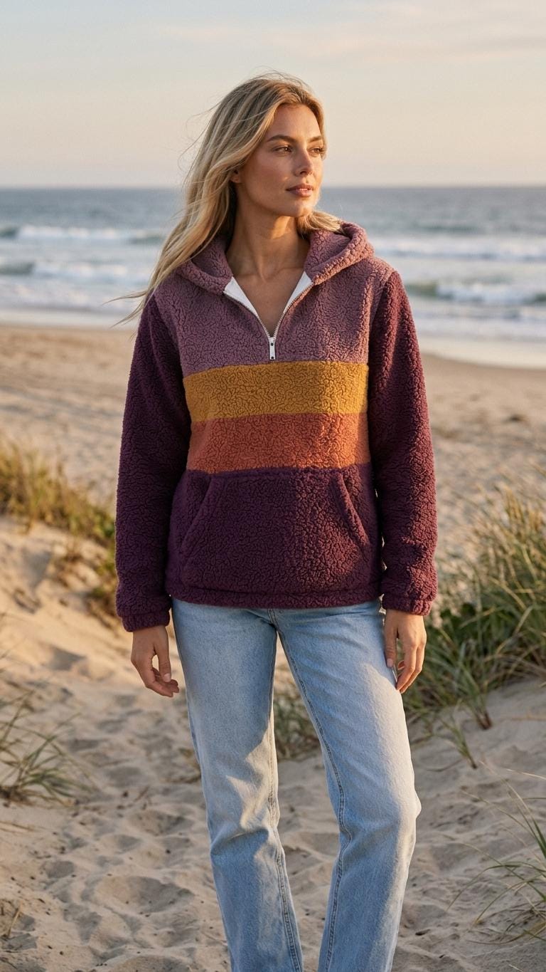 Retro Borg Fleece Half-Zip Hoodie, Purple with 1970s' Stripes, Plush Teddy Sherpa Pullover