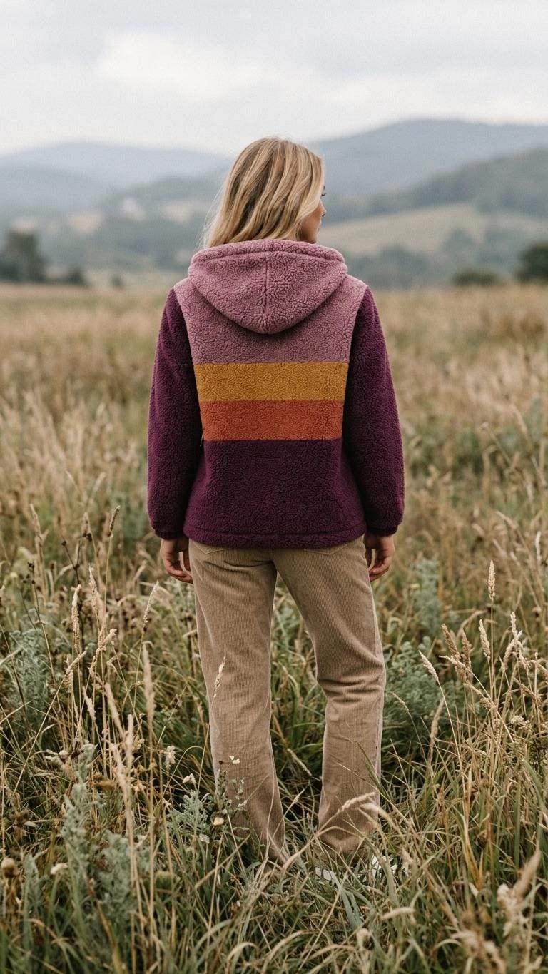Retro Borg Fleece Half-Zip Hoodie, Purple with 1970s' Stripes, Plush Teddy Sherpa Pullover