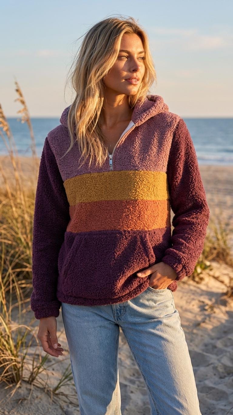 Retro Borg Fleece Half-Zip Hoodie, Purple with 1970s' Stripes, Plush Teddy Sherpa Pullover
