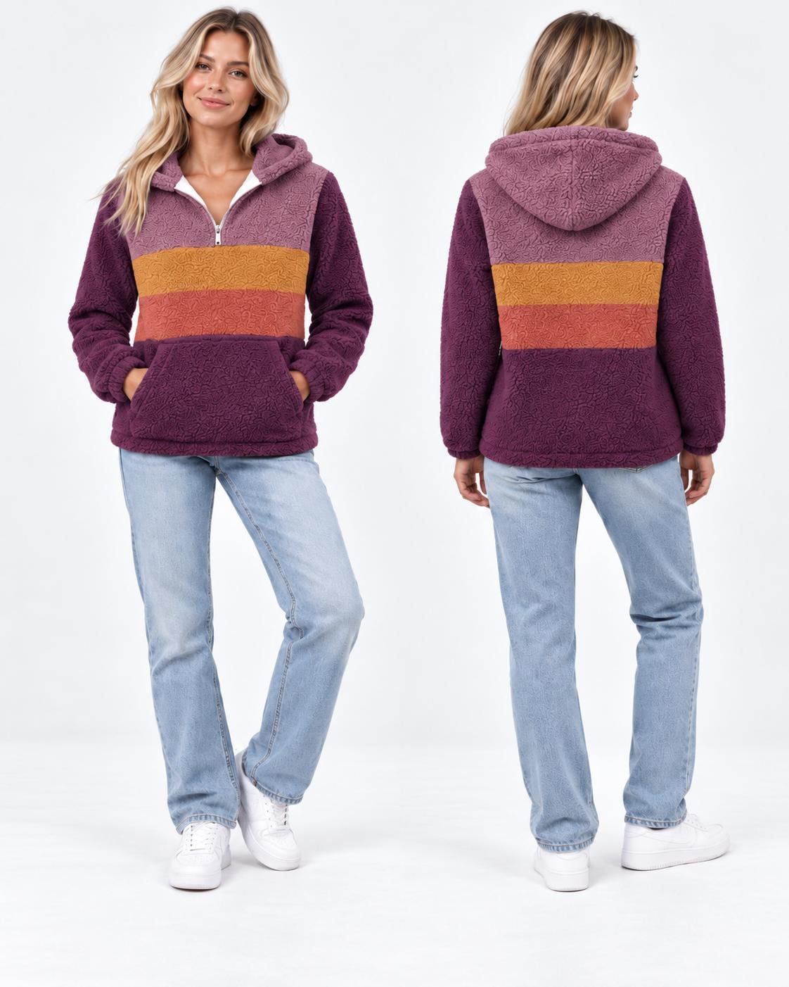 Retro Borg Fleece Half-Zip Hoodie, Purple with 1970s' Stripes, Plush Teddy Sherpa Pullover