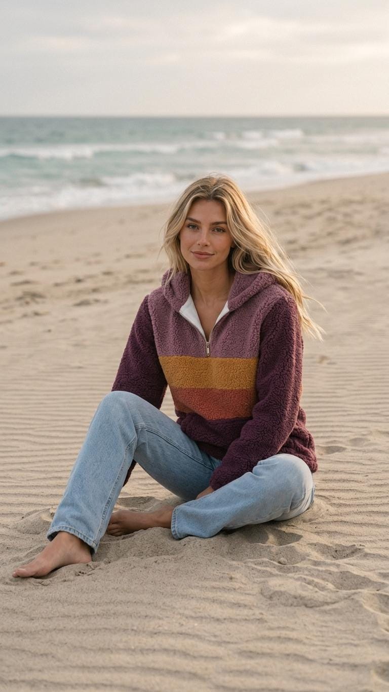 Retro Borg Fleece Half-Zip Hoodie, Purple with 1970s' Stripes, Plush Teddy Sherpa Pullover