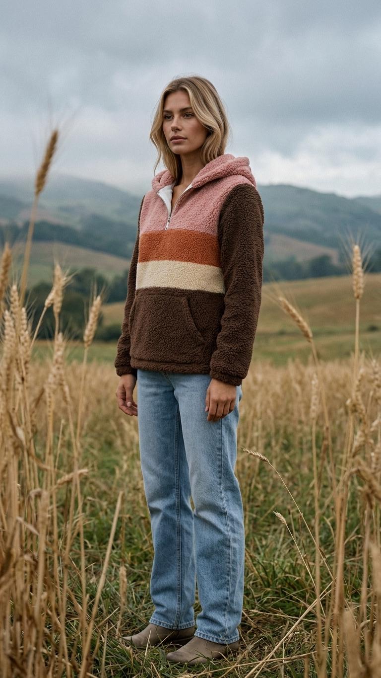 Retro Borg Fleece Half-Zip Hoodie, Brown with 1970s' Stripes, Plush Teddy Sherpa Pullover