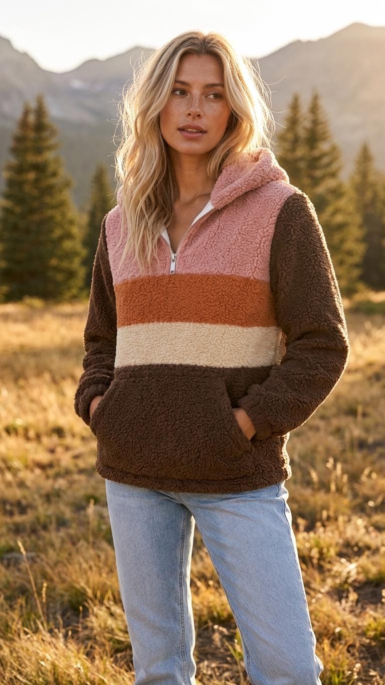 Retro Borg Fleece Half-Zip Hoodie, Brown with 1970s' Stripes, Plush Teddy Sherpa Pullover