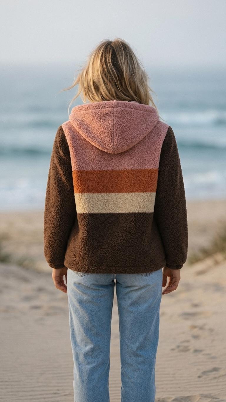 Retro Borg Fleece Half-Zip Hoodie, Brown with 1970s' Stripes, Plush Teddy Sherpa Pullover