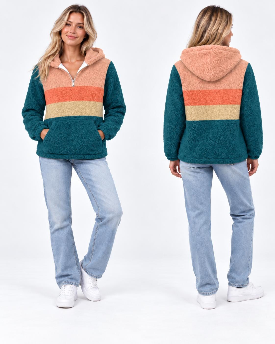Retro Borg Fleece Half-Zip Hoodie, Teal with 1970s' Stripes, Plush Teddy Sherpa Pullover