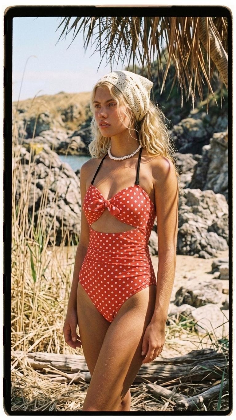 Retro Flair Romantic One-Piece Swimsuit, Front-Tie Cut-Out, Tummy Control, Red Polka Dot