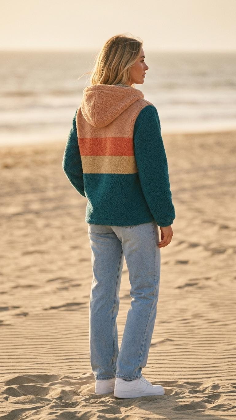 Retro Borg Fleece Half-Zip Hoodie, Teal with 1970s' Stripes, Plush Teddy Sherpa Pullover