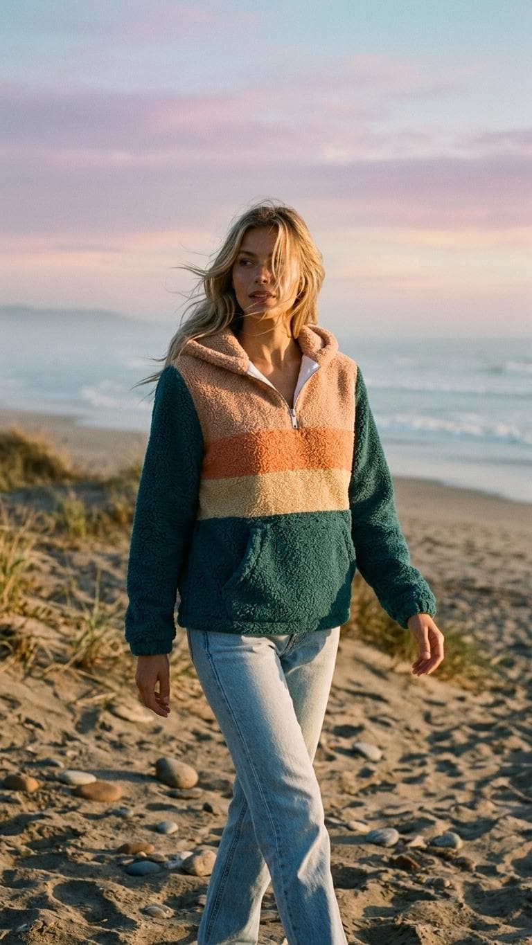 Retro Borg Fleece Half-Zip Hoodie, Teal with 1970s' Stripes, Plush Teddy Sherpa Pullover