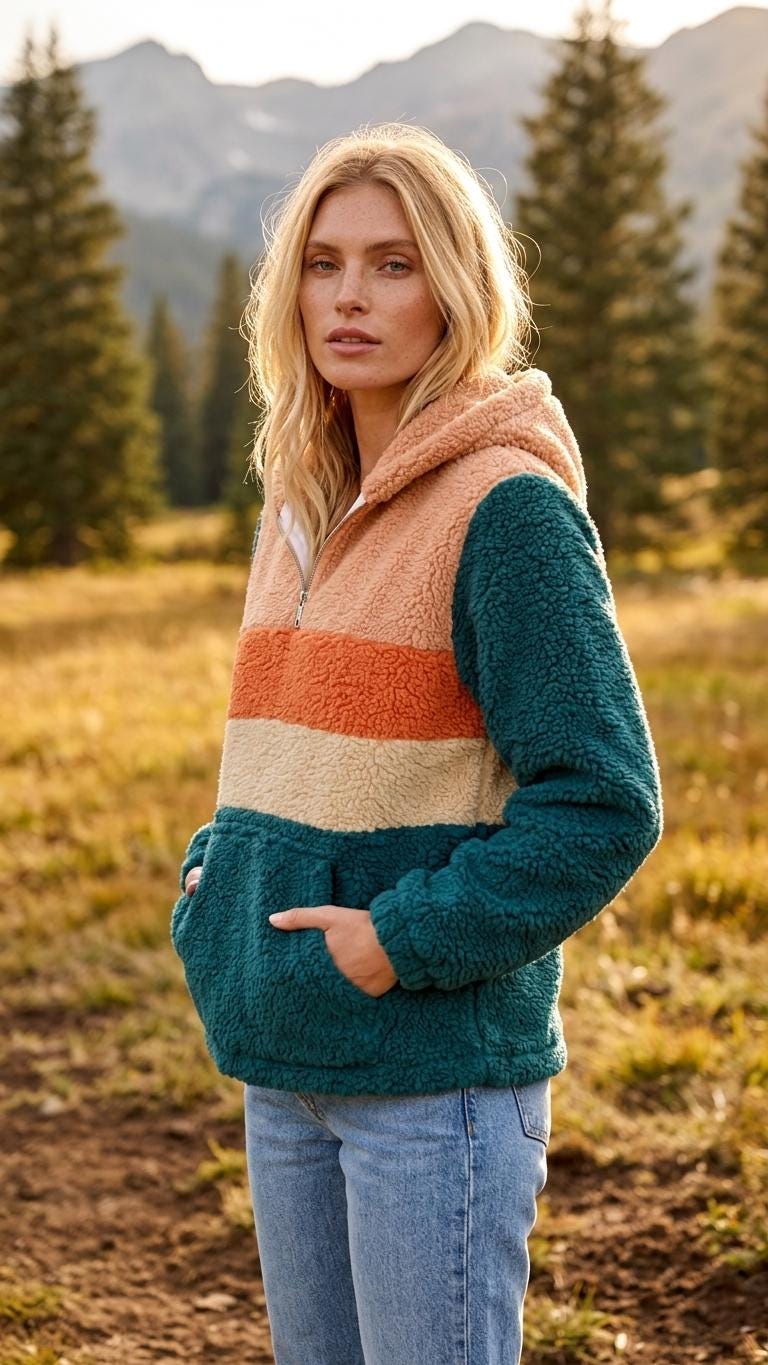 Retro Borg Fleece Half-Zip Hoodie, Teal with 1970s' Stripes, Plush Teddy Sherpa Pullover