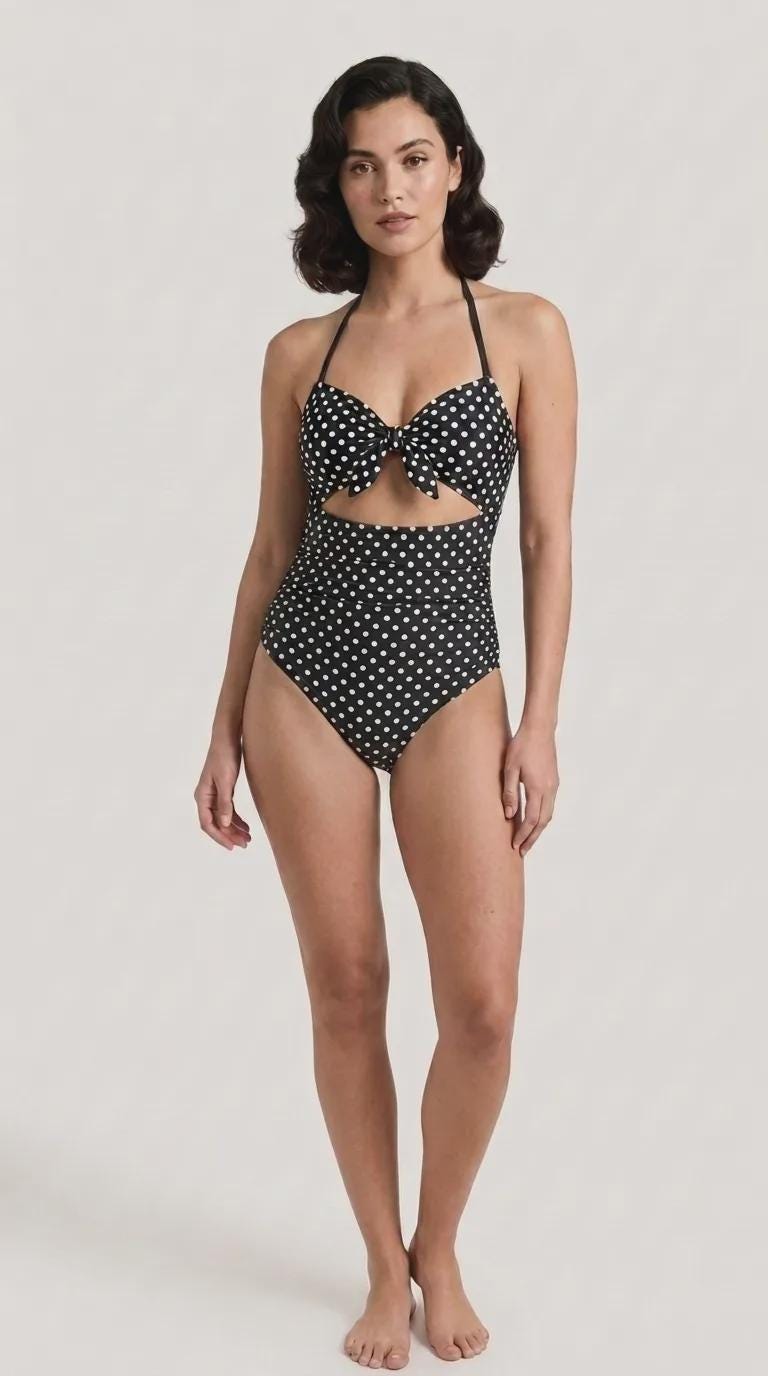 Retro Flair Romantic One-Piece Swimsuit, Front-Tie Cut-Out, Tummy Control, Black Polka Dot