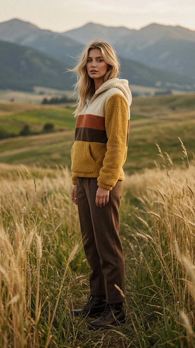 Retro Borg Fleece Half-Zip Hoodie, Mustard with 1970s' Stripes, Plush Teddy Sherpa Pullover