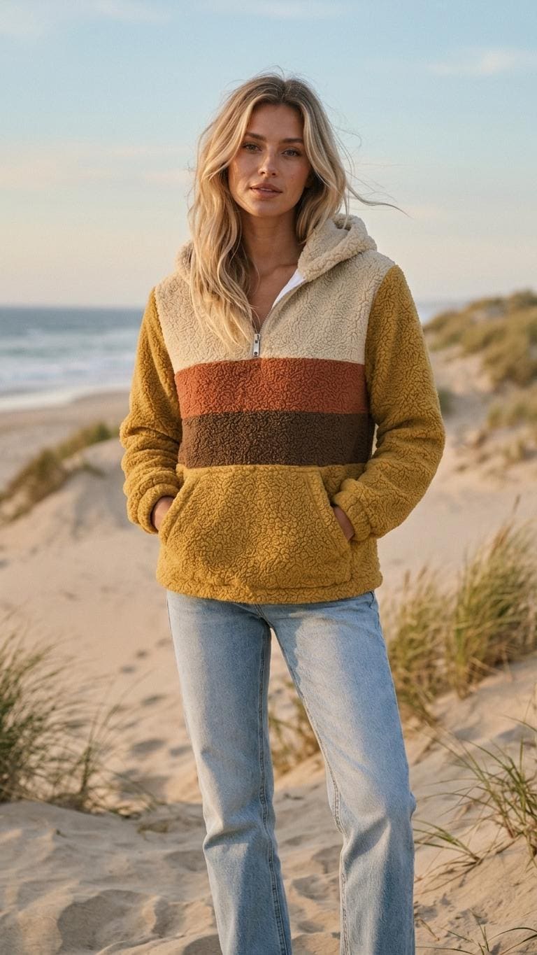 Retro Borg Fleece Half-Zip Hoodie, Mustard with 1970s' Stripes, Plush Teddy Sherpa Pullover