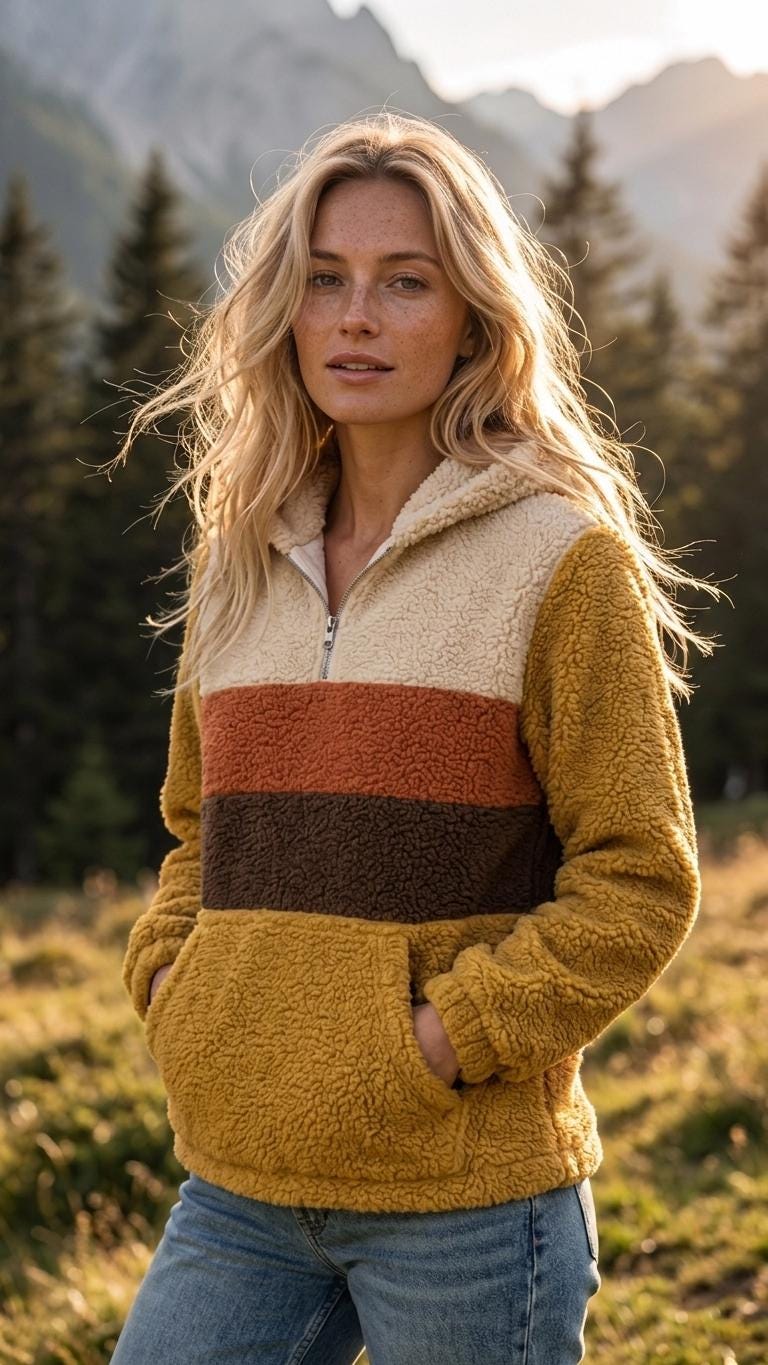 Retro Borg Fleece Half-Zip Hoodie, Mustard with 1970s' Stripes, Plush Teddy Sherpa Pullover