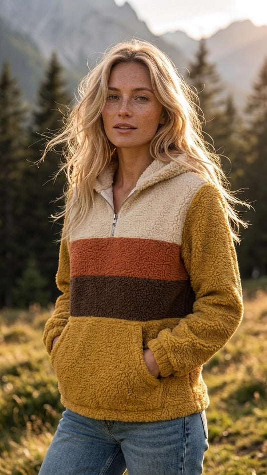 Retro Borg Fleece Half-Zip Hoodie, Mustard with 1970s' Stripes, Plush Teddy Sherpa Pullover
