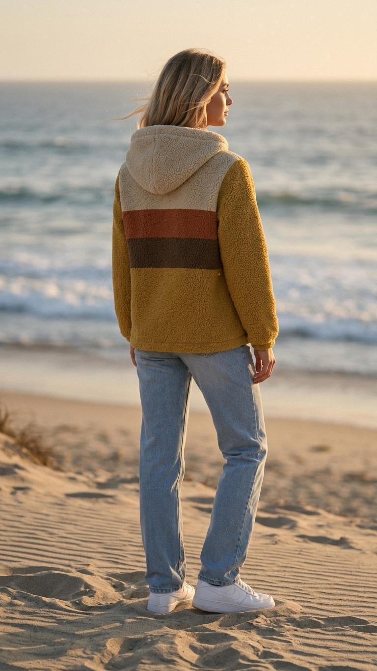 Retro Borg Fleece Half-Zip Hoodie, Mustard with 1970s' Stripes, Plush Teddy Sherpa Pullover