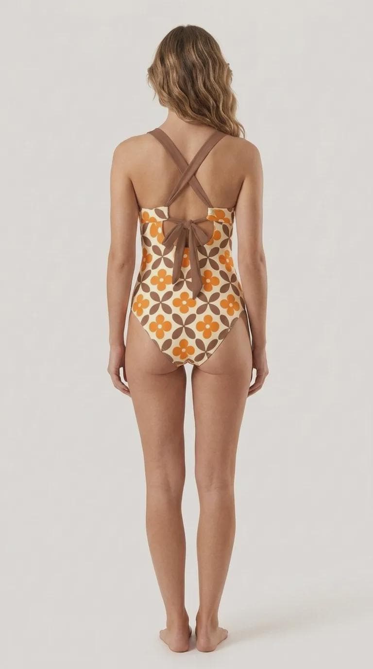 Romantic Vintage-Inspired V-Neck Plunge One-Piece Retro Swimsuit, Ruching & Cross-Back, Mid-Century Browns