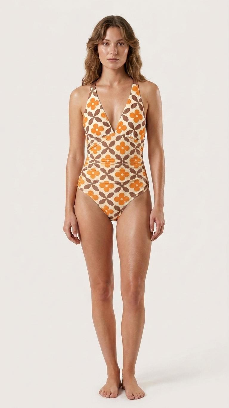 Romantic Vintage-Inspired V-Neck Plunge One-Piece Retro Swimsuit, Ruching & Cross-Back, Mid-Century Browns