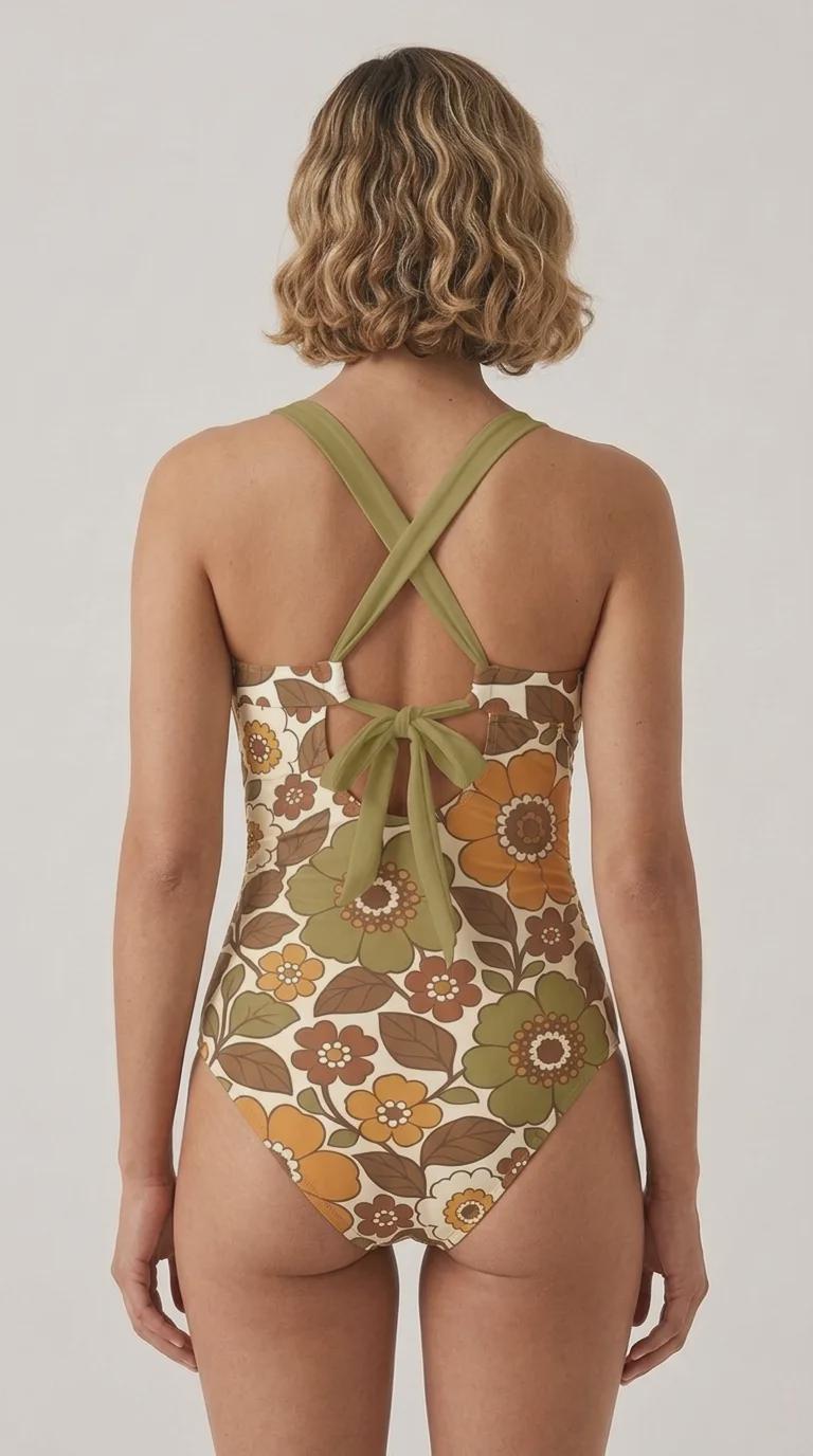 Romantic Vintage-Inspired V-Neck Plunge One-Piece Retro Swimsuit, Ruching & Cross-Back, Mid-Century Floral Boho Pattern