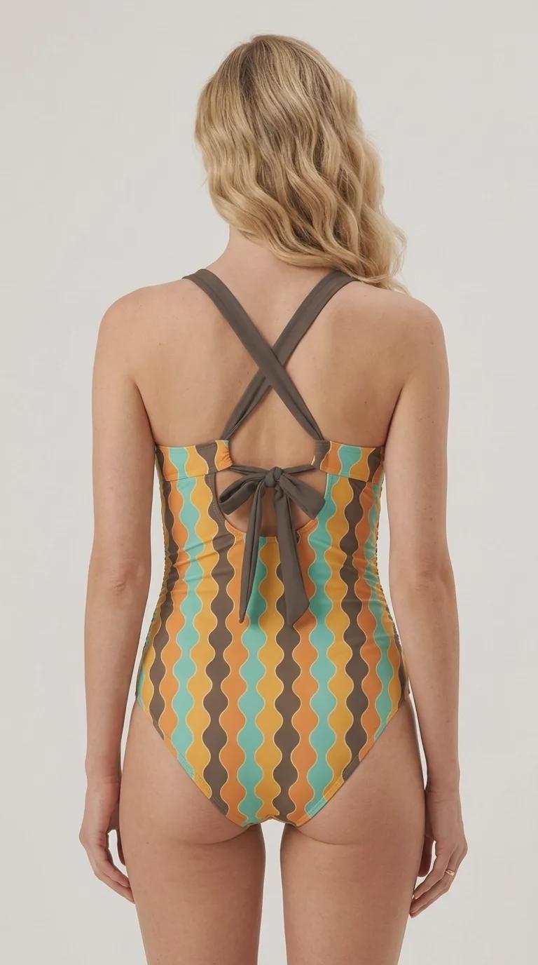 Romantic Vintage-Inspired V-Neck Plunge One-Piece Retro Swimsuit, Ruching & Cross-Back, Mid-Century Hourglass Stripes