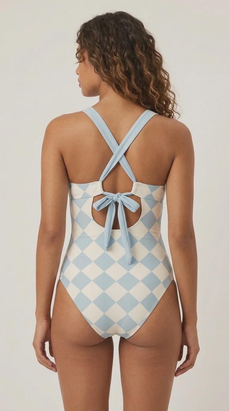 Romantic Vintage-Inspired V-Neck Plunge One-Piece Retro Swimsuit, Ruching & Cross-Back, Mid-Century Blue Diamonds