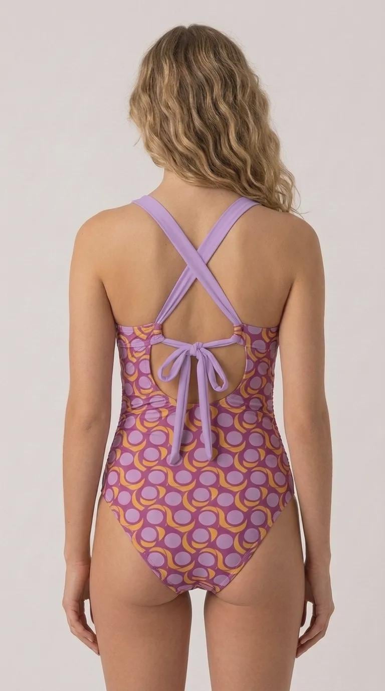 Romantic Vintage-Inspired V-Neck Plunge One-Piece Retro Swimsuit, Ruching & Cross-Back, Mid-Century Purple Crescent Pattern