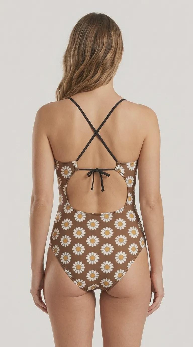 Halter Keyhole Cut-Out One-Piece Swimsuit, Lace-Up Back & Tummy Control, Brown Vintage Florals